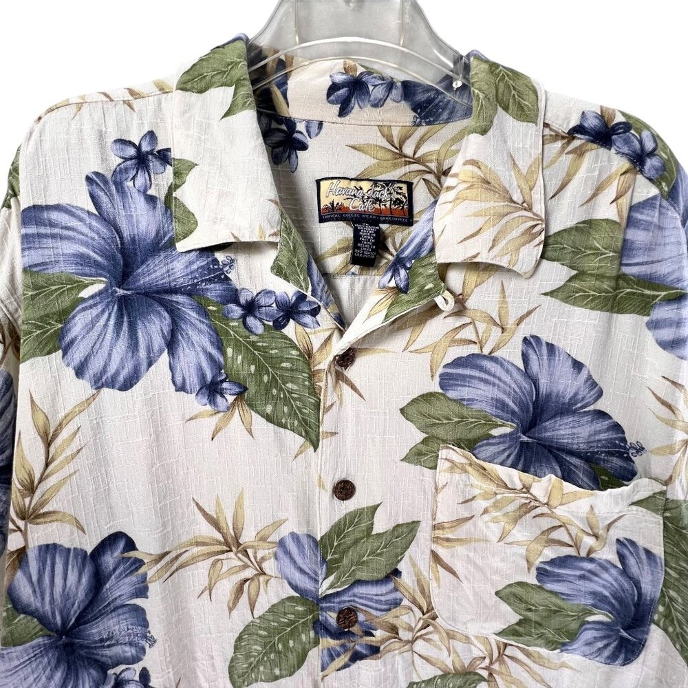 Havana Jacks Cafe XL Hawaiian Shirt Blue Hibiscus Tropical Leaves Button-Up
